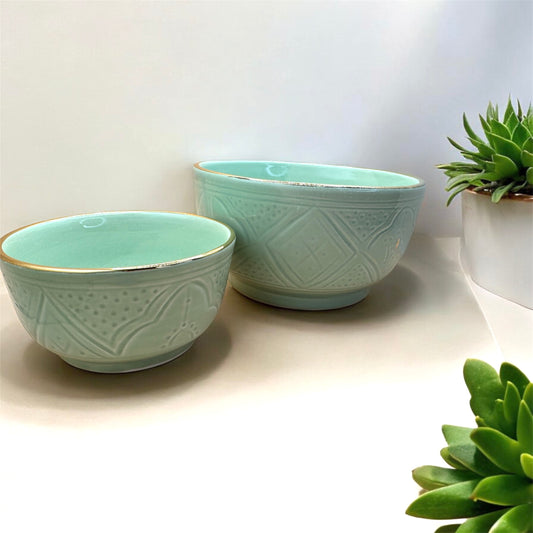 Bol et saladier ronds gravés vert menthe